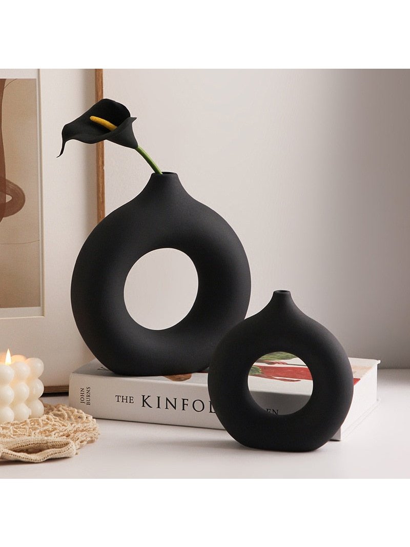 Ceramic Hollow Donut Vase Set of 3 for Pampas Grass | Neutral Modern Home Decor, Small Boho Minimalist Round White | Japandi Clay Beige Decorative for Bedroom, Living, Wedding, Office, Coffee Table