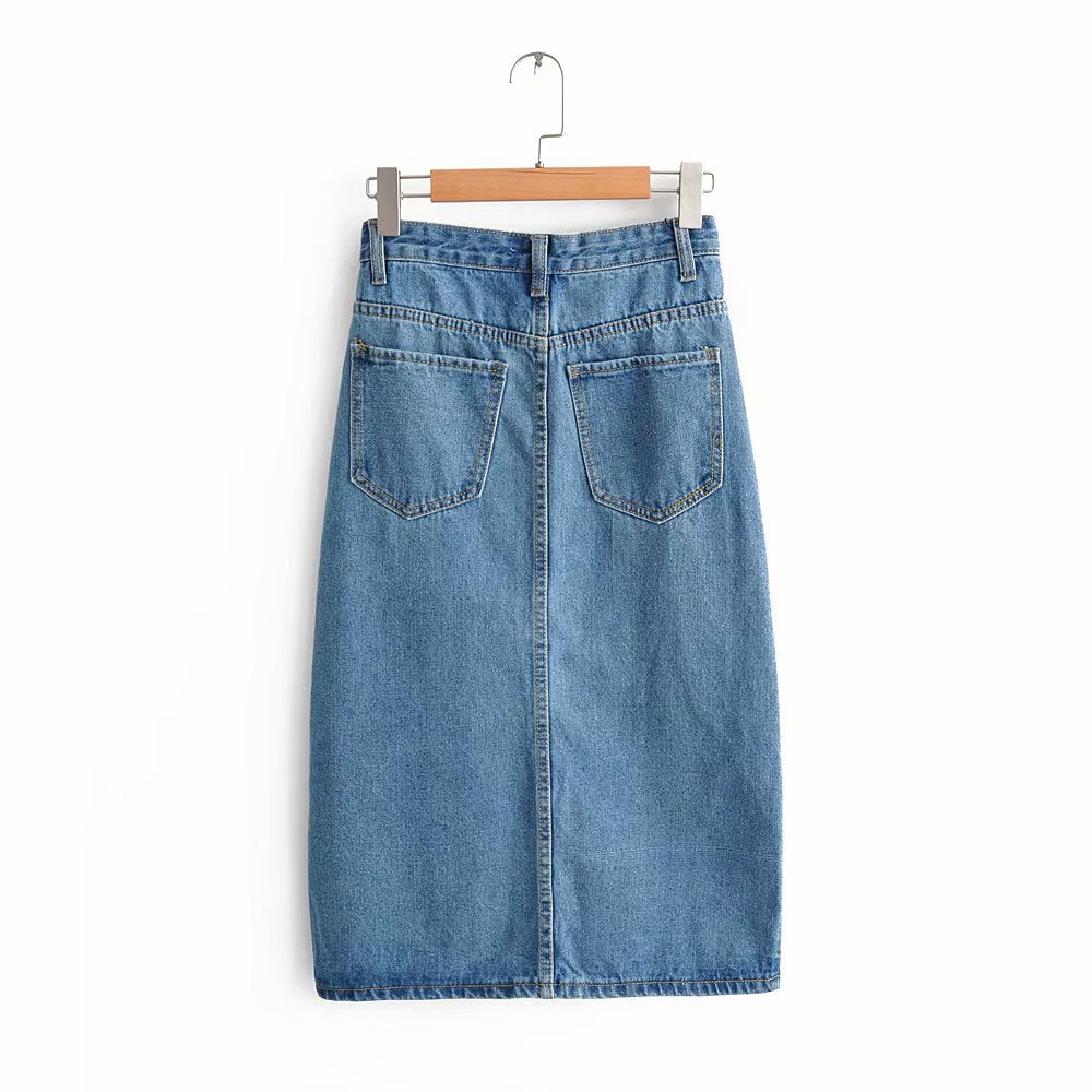 Hip-length denim skirt