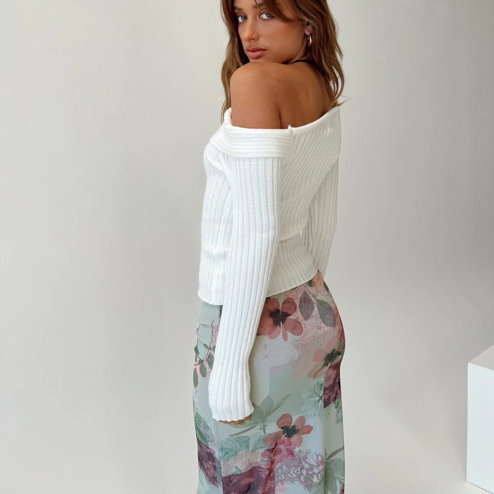 Shoulder Long-sleeved Knitted Sweater