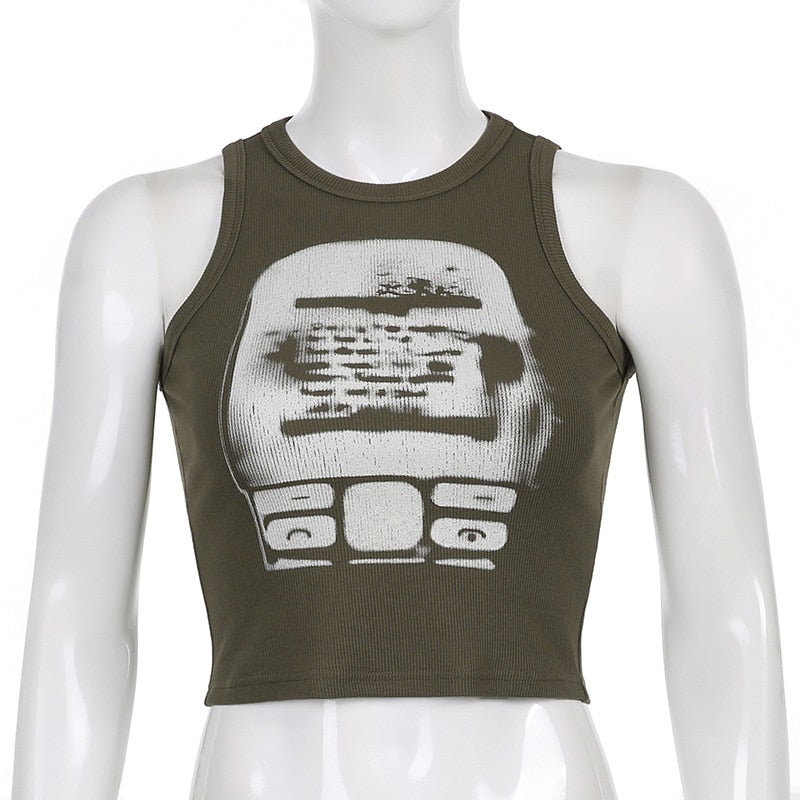 Printed y2k Cropped Tanks Crop Top Sleeveless O Neck Corset Tops Female Summer Basic Tee