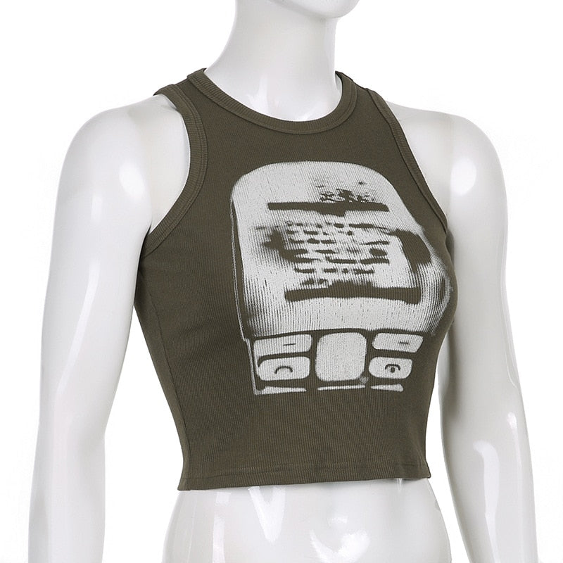 Printed y2k Cropped Tanks Crop Top Sleeveless O Neck Corset Tops Female Summer Basic Tee