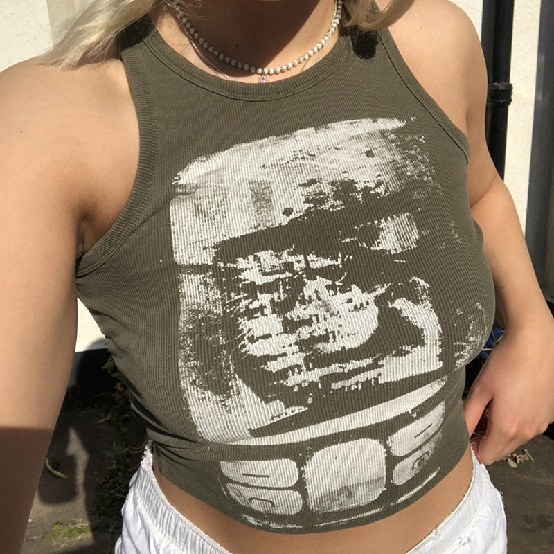Printed y2k Cropped Tanks Crop Top Sleeveless O Neck Corset Tops Female Summer Basic Tee