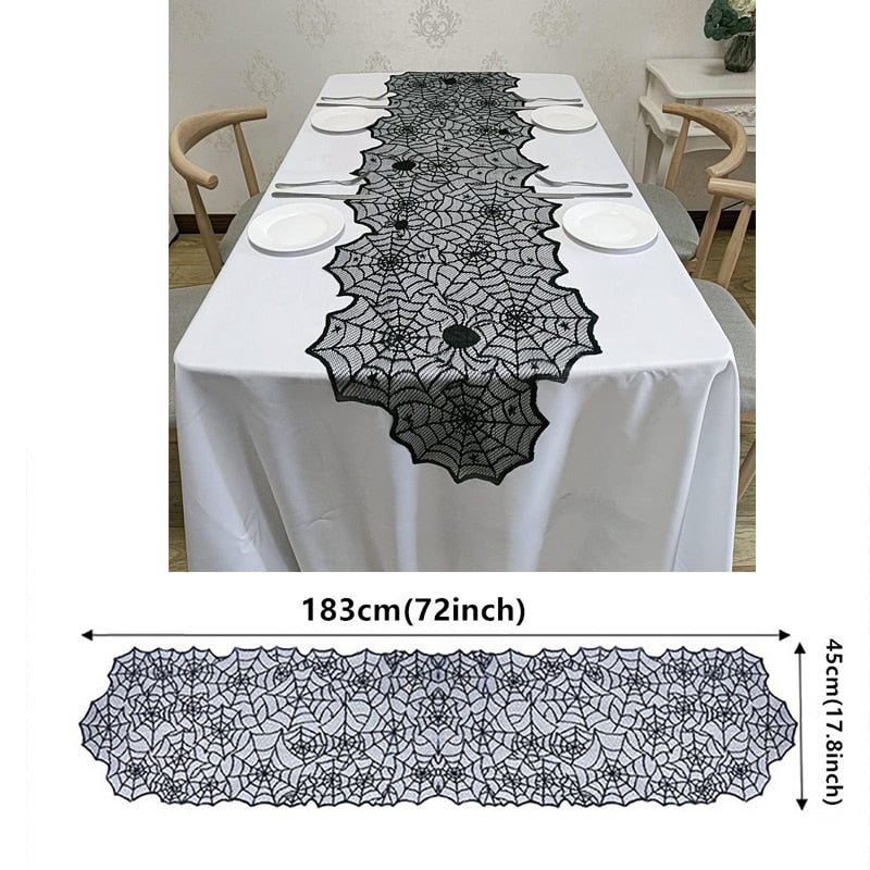 Halloween Decorations Tablecloth Runner Black Lace Round Spider Cobweb Table Cover Fireplace Mantel Scarf Spiderweb Fireplace