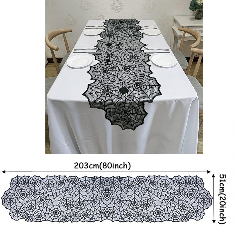 Halloween Decorations Tablecloth Runner Black Lace Round Spider Cobweb Table Cover Fireplace Mantel Scarf Spiderweb Fireplace