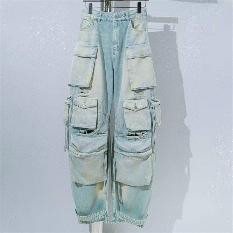 Women's Jeans Washed Process Korean Fashion Worn-out Cargo Pants Big Name Cotton Straight Trousers y2k Clothes.