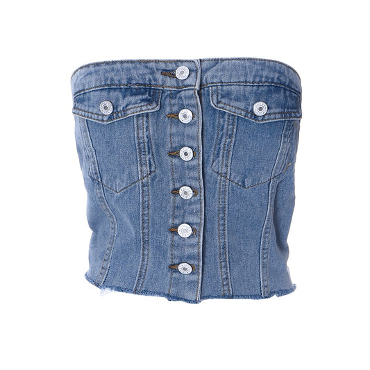 CUTENOVA Solid Denim Pocket Design Button Vest Women Casual Bare Midriff Wrapped Chest Sleeveless Crop Tops Streetwear Tanks