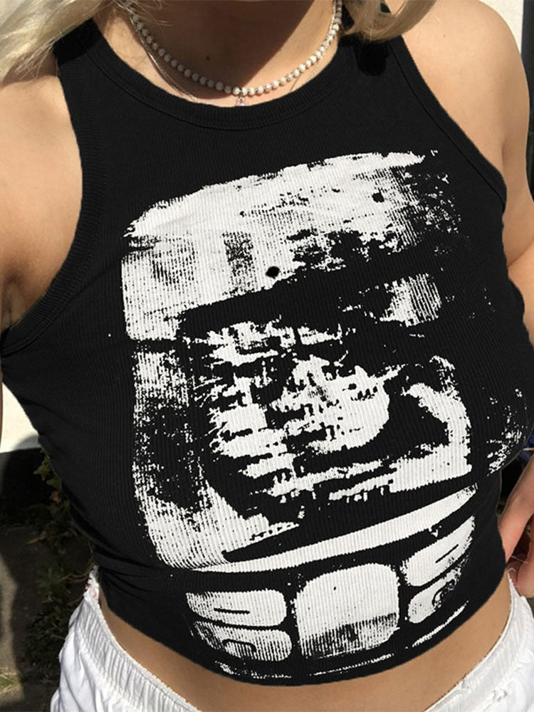 Printed y2k Cropped Tanks Crop Top Sleeveless O Neck Corset Tops Female Summer Basic Tee