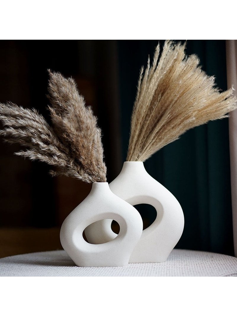 Ceramic Hollow Donut Vase Set of 3 for Pampas Grass | Neutral Modern Home Decor, Small Boho Minimalist Round White | Japandi Clay Beige Decorative for Bedroom, Living, Wedding, Office, Coffee Table