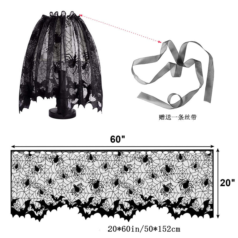 Halloween Decorations Tablecloth Runner Black Lace Round Spider Cobweb Table Cover Fireplace Mantel Scarf Spiderweb Fireplace