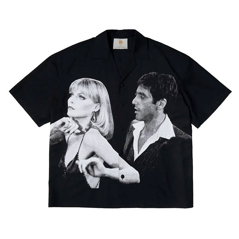 Scarface movie themed portrait print American retro elegant design sense trendy short-sleeved floral blouse men clothing y2k