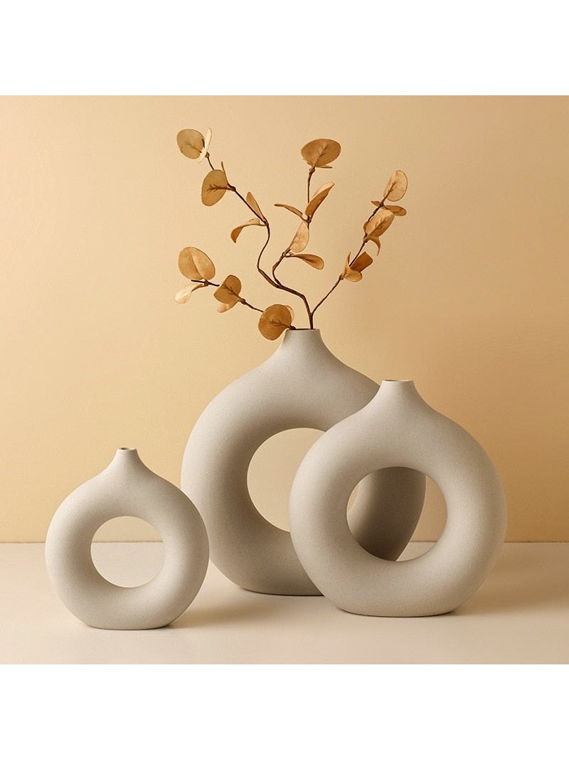 Ceramic Hollow Donut Vase Set of 3 for Pampas Grass | Neutral Modern Home Decor, Small Boho Minimalist Round White | Japandi Clay Beige Decorative for Bedroom, Living, Wedding, Office, Coffee Table
