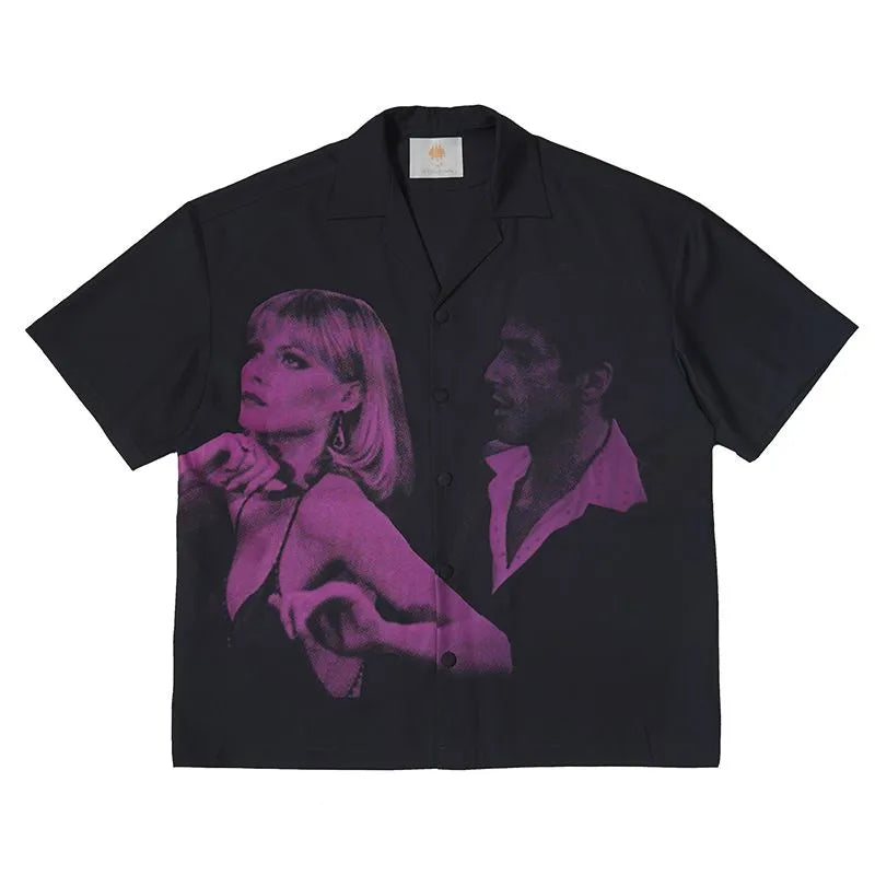 Scarface movie themed portrait print American retro elegant design sense trendy short-sleeved floral blouse men clothing y2k