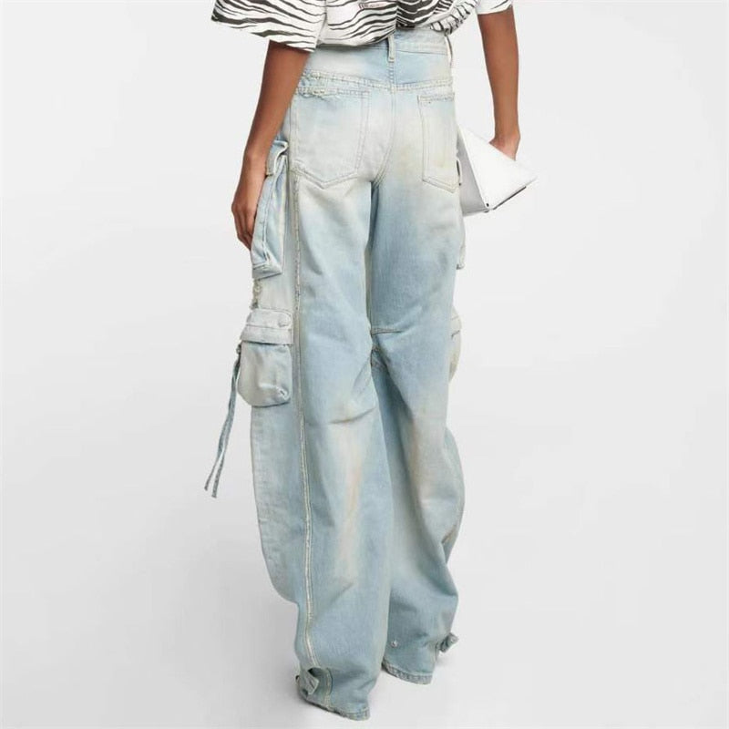Women's Jeans Washed Process Korean Fashion Worn-out Cargo Pants Big Name Cotton Straight Trousers y2k Clothes.