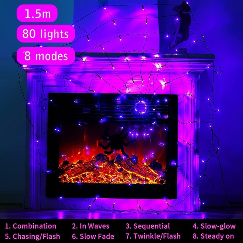 Halloween LED Spider Web Lights String With 80 Purple Light
