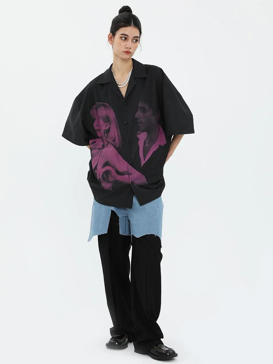 Scarface movie themed portrait print American retro elegant design sense trendy short-sleeved floral blouse men clothing y2k