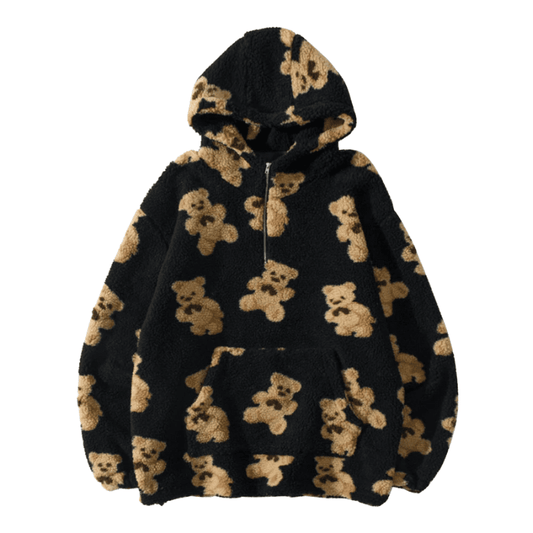 Streetwear Fleece Fuzzy Hooded Bear Print