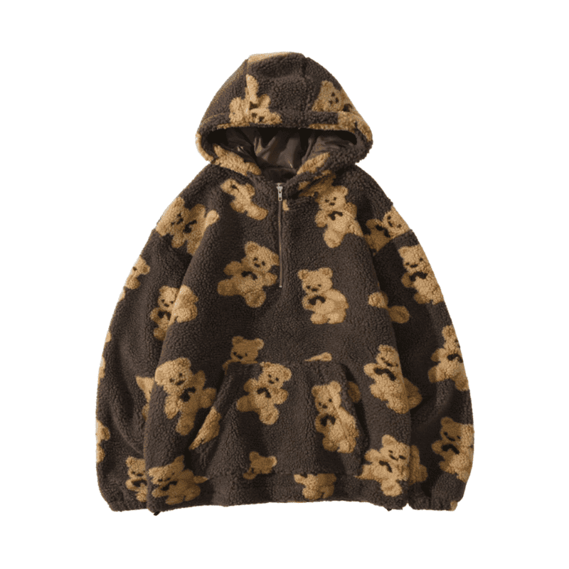 Streetwear Fleece Fuzzy Hooded Bear Print