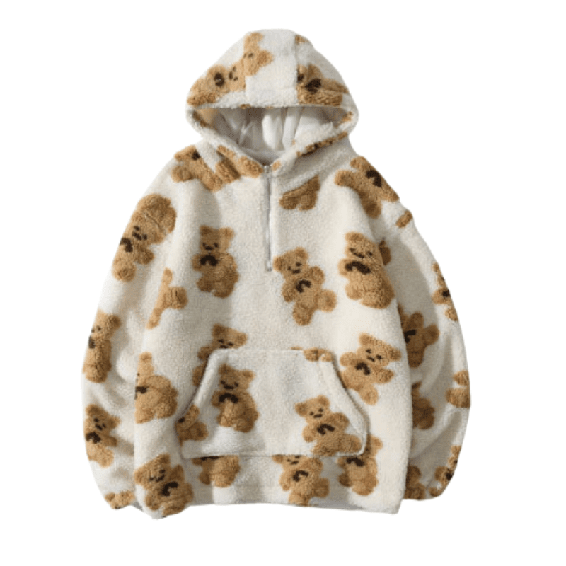 Streetwear Fleece Fuzzy Hooded Bear Print