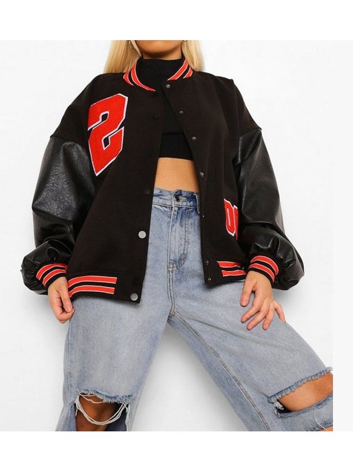 Pu Sleeve Oversized Varsity Jacket