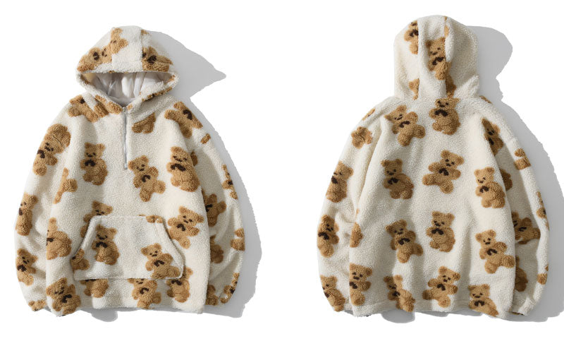 Streetwear Fleece Fuzzy Hooded Bear Print
