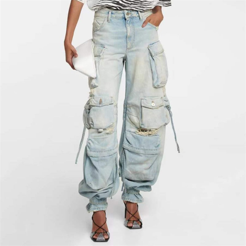 Women's Jeans Washed Process Korean Fashion Worn-out Cargo Pants Big Name Cotton Straight Trousers y2k Clothes.