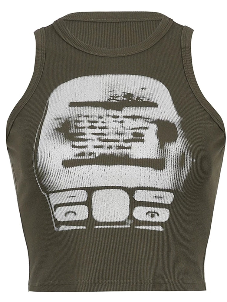 Printed y2k Cropped Tanks Crop Top Sleeveless O Neck Corset Tops Female Summer Basic Tee
